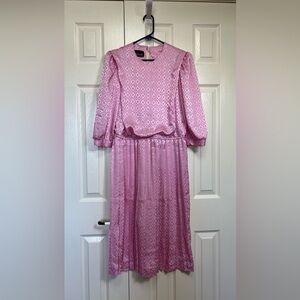 VTG Alexis 80s Pink Geometric Print Pleated Details Satiny Midi Dress Sz 9/10